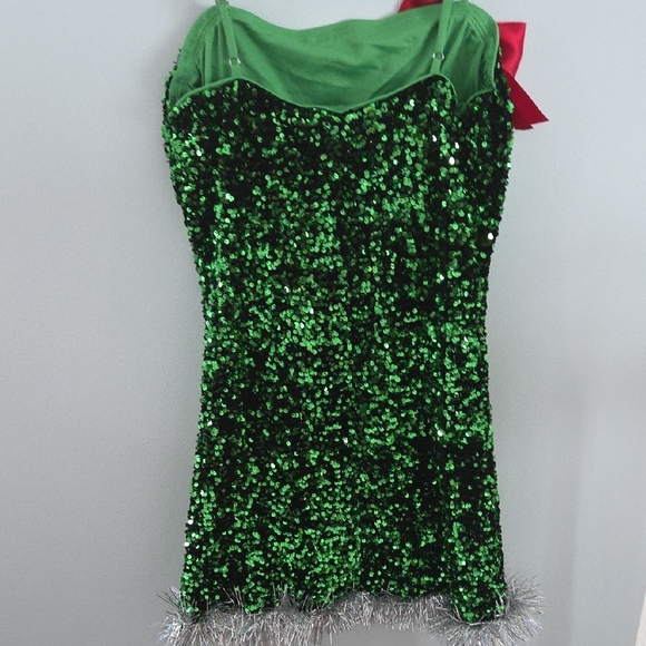 Festive Green Sequin Womens Dress with Red Bows - Picture 2 of 2